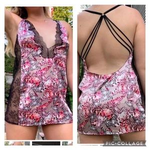 Victoria Secret butterfly printed Strappy back lace panel chemise slip nightie